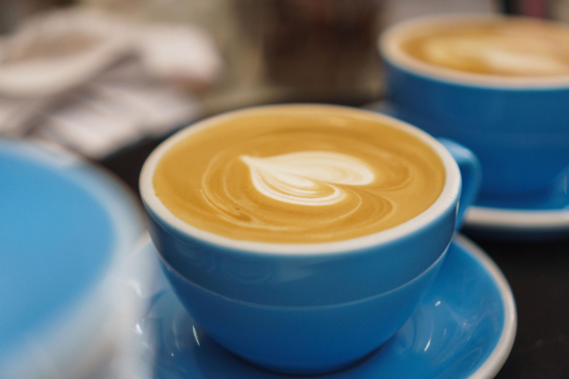 Cappuccino in blue china cup at Caterpillar Cafe